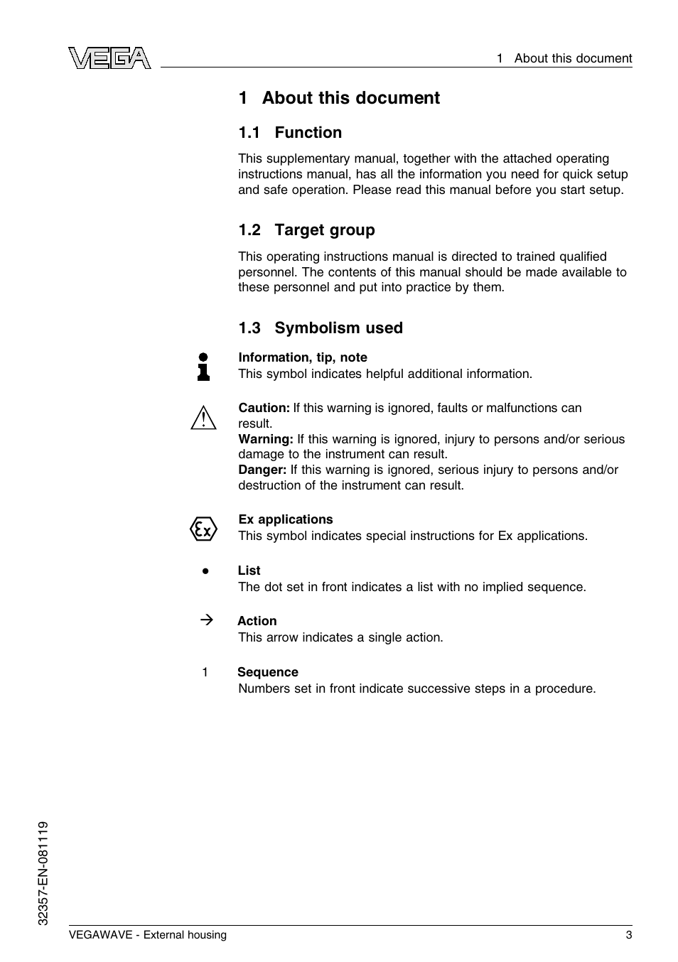 1 about this document, 1 function, 2 target group | 3 symbolism used, 1about this document | VEGA VEGAWAVE - External housing User Manual | Page 3 / 20