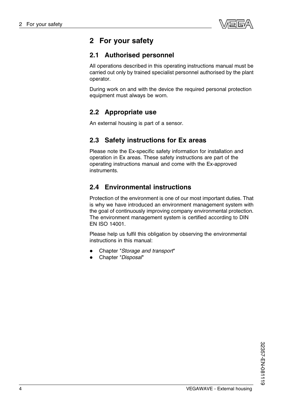 2 for your safety, 1 authorised personnel, 2 appropriate use | 3 safety instructions for ex areas, 4 environmental instructions, 2for your safety | VEGA VEGAWAVE - External housing User Manual | Page 4 / 20