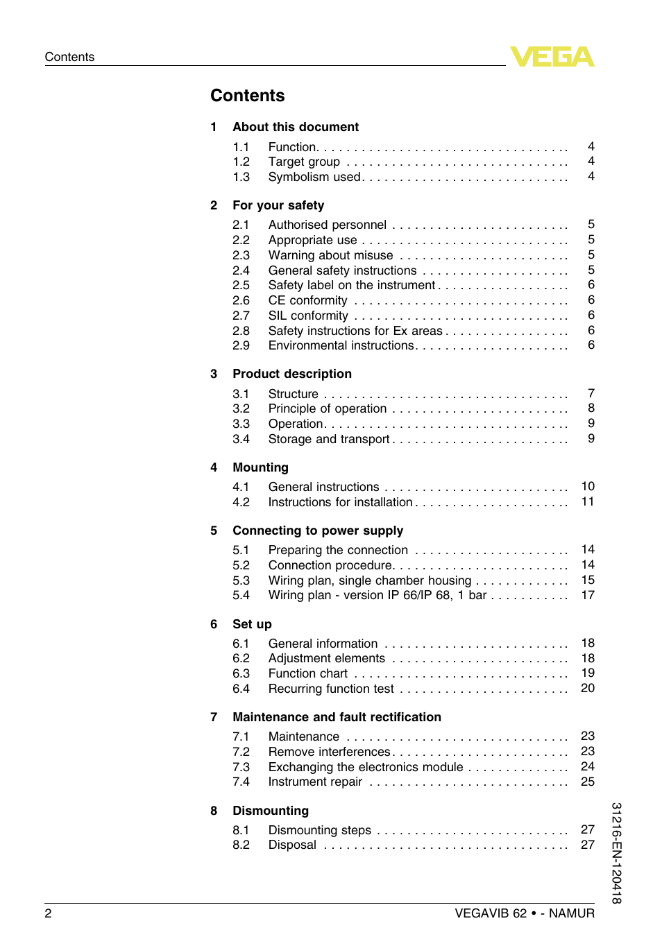 VEGA VEGAVIB 62 - NAMUR User Manual | Page 2 / 36