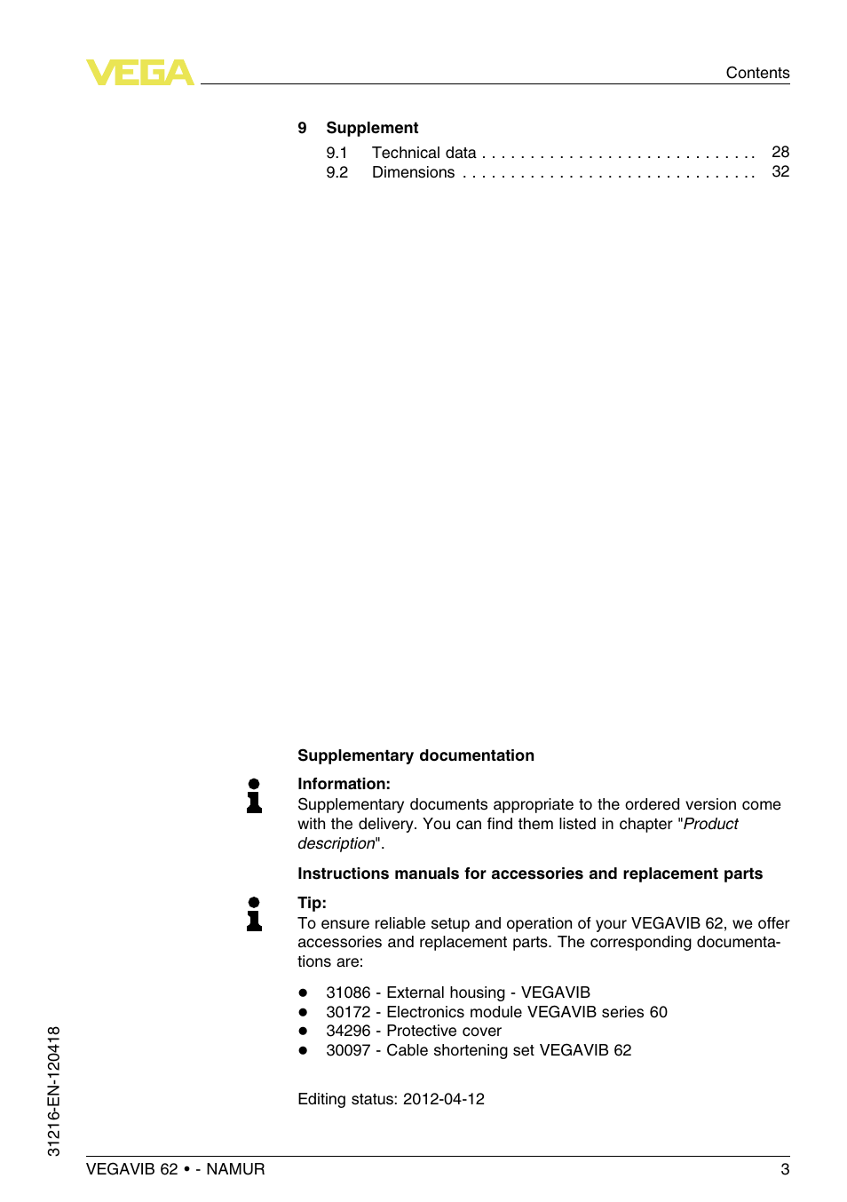 VEGA VEGAVIB 62 - NAMUR User Manual | Page 3 / 36
