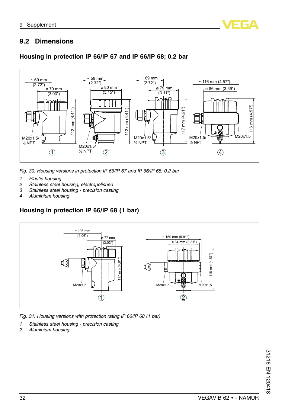 2 dimensions | VEGA VEGAVIB 62 - NAMUR User Manual | Page 32 / 36