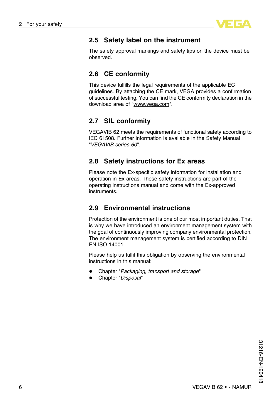 5 safety label on the instrument, 6 ce conformity, 7 sil conformity | 8 safety instructions for ex areas, 9 environmental instructions | VEGA VEGAVIB 62 - NAMUR User Manual | Page 6 / 36