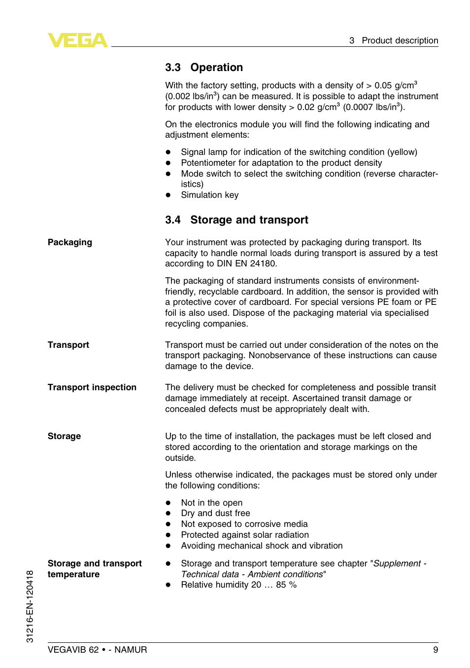 3 operation, 4 storage and transport | VEGA VEGAVIB 62 - NAMUR User Manual | Page 9 / 36