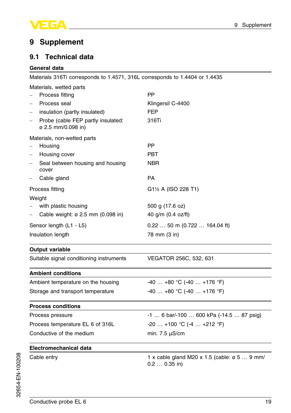 9 supplement, 1 technical data, 9supplement | VEGA EL 6 Conductive probe User Manual | Page 19 / 24