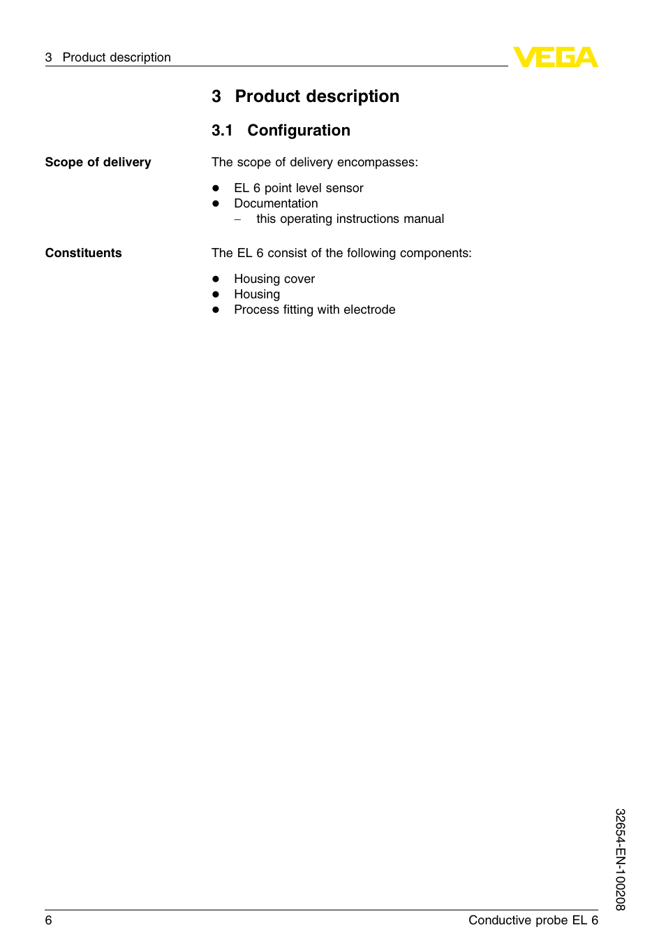 3 product description, 1 configuration, 3product description | 1 conﬁguration | VEGA EL 6 Conductive probe User Manual | Page 6 / 24