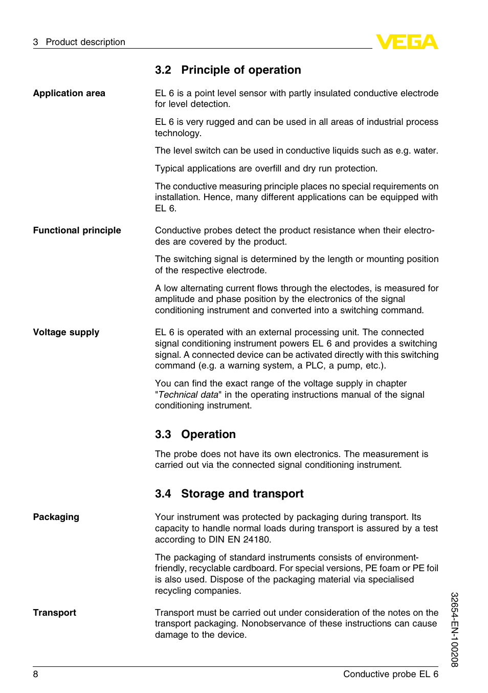 2 principle of operation, 3 operation, 4 storage and transport | VEGA EL 6 Conductive probe User Manual | Page 8 / 24