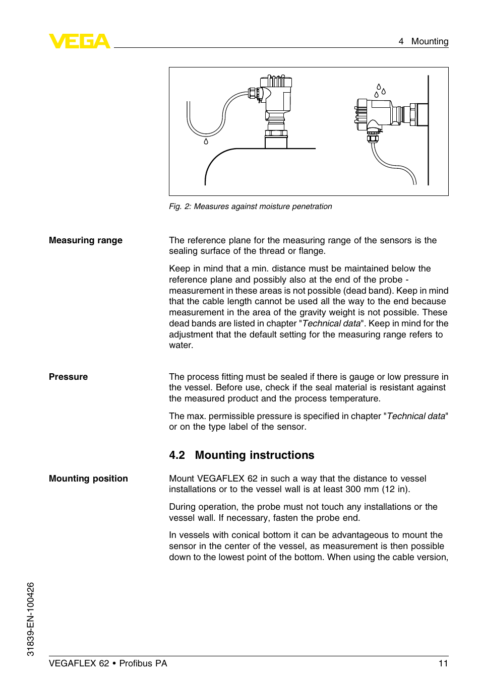 2 mounting instructions | VEGA VEGAFLEX 62 Profibus PA User Manual | Page 11 / 64