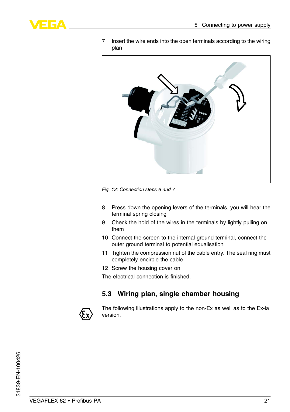 3 wiring plan, single chamber housing | VEGA VEGAFLEX 62 Profibus PA User Manual | Page 21 / 64