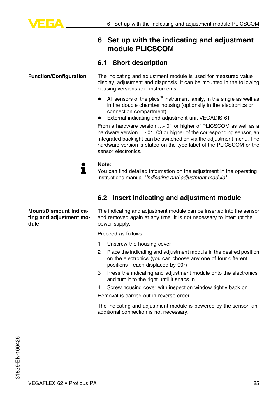 1 short description, 2 insert indicating and adjustment module | VEGA VEGAFLEX 62 Profibus PA User Manual | Page 25 / 64