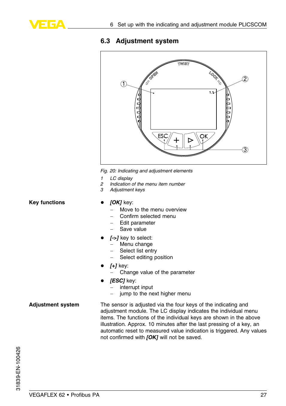 3 adjustment system | VEGA VEGAFLEX 62 Profibus PA User Manual | Page 27 / 64