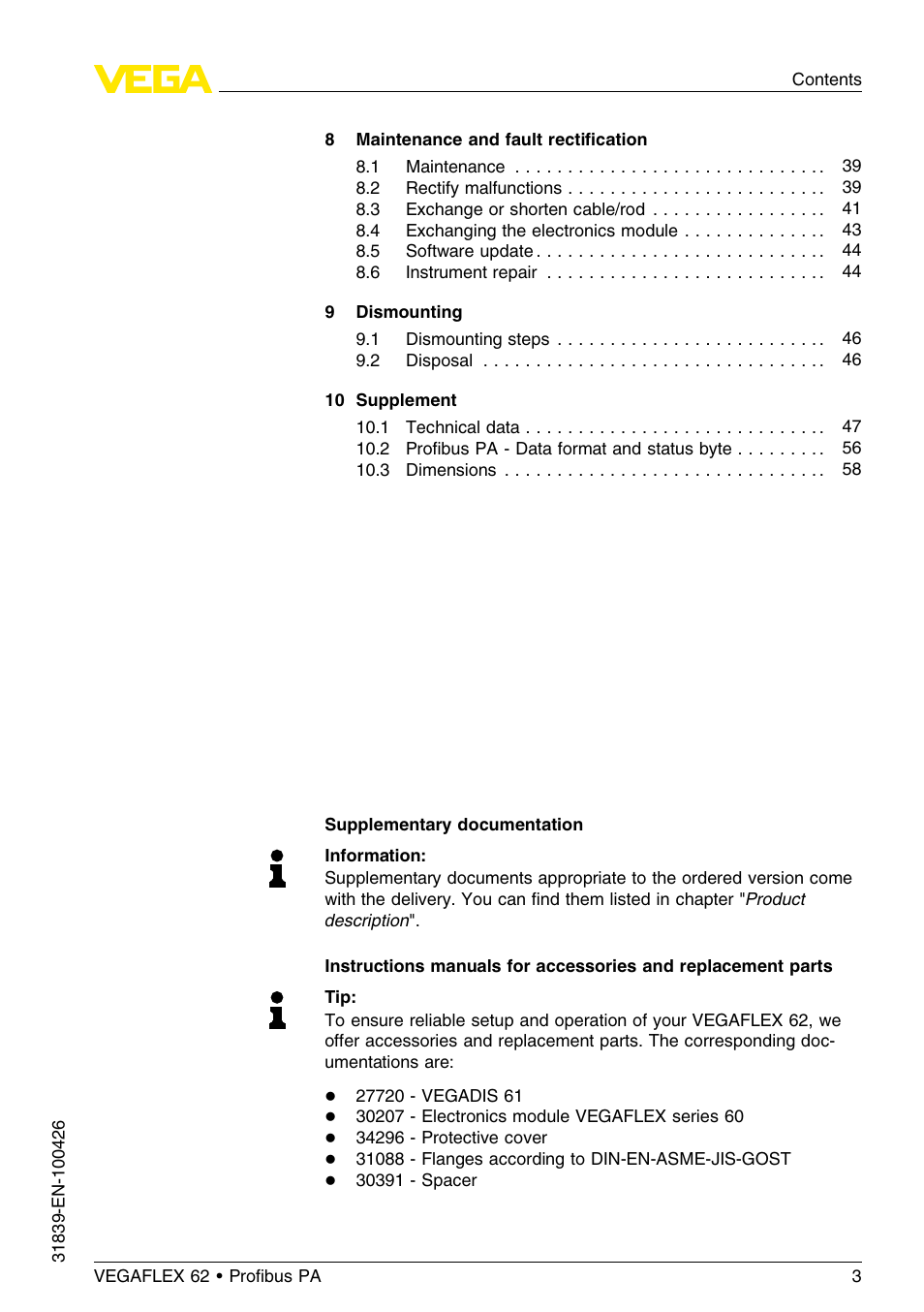 VEGA VEGAFLEX 62 Profibus PA User Manual | Page 3 / 64