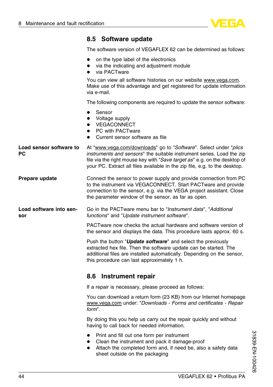 5 software update, 6 instrument repair | VEGA VEGAFLEX 62 Profibus PA User Manual | Page 44 / 64