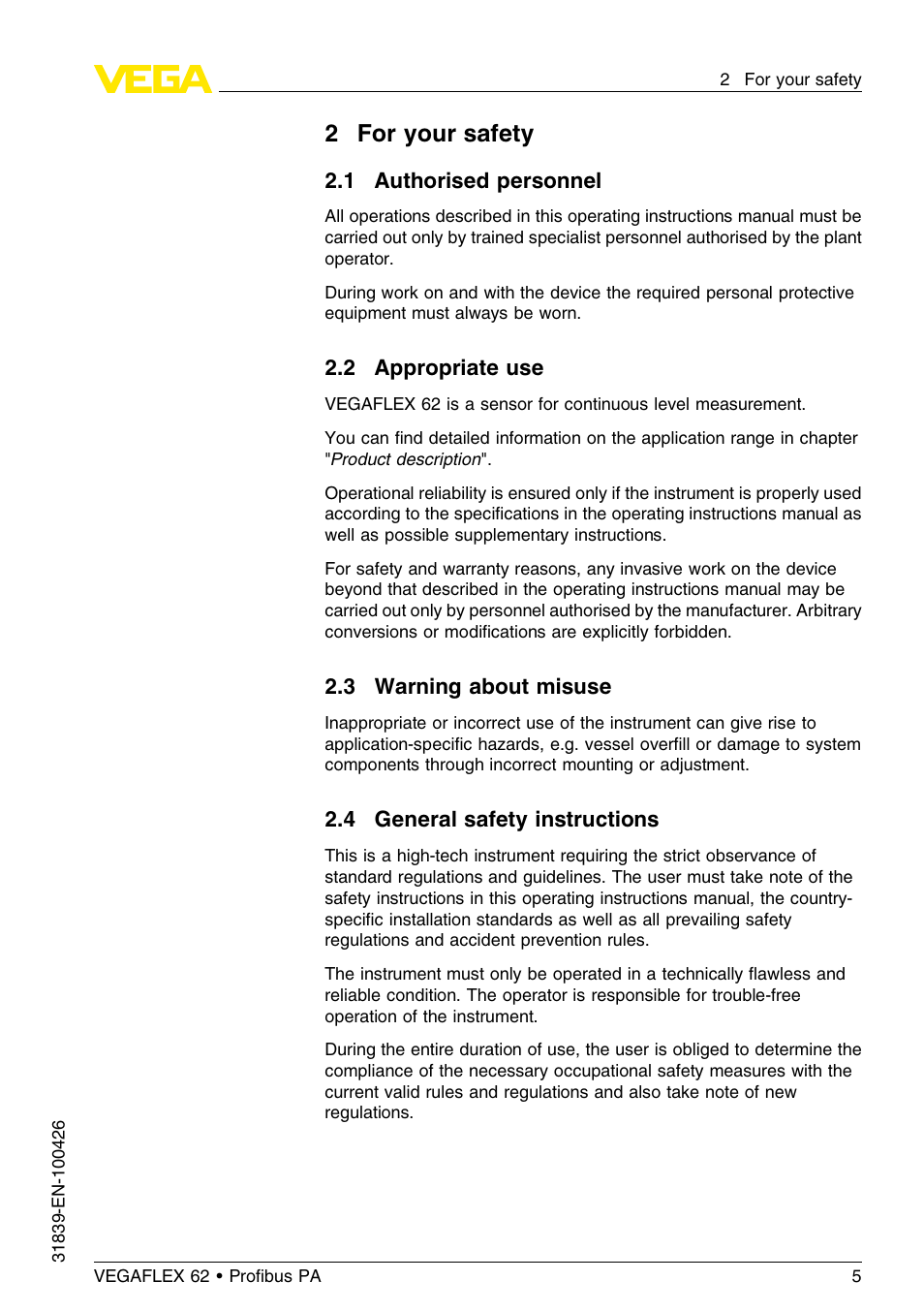 2 for your safety, 1 authorised personnel, 2 appropriate use | 3 warning about misuse, 4 general safety instructions | VEGA VEGAFLEX 62 Profibus PA User Manual | Page 5 / 64