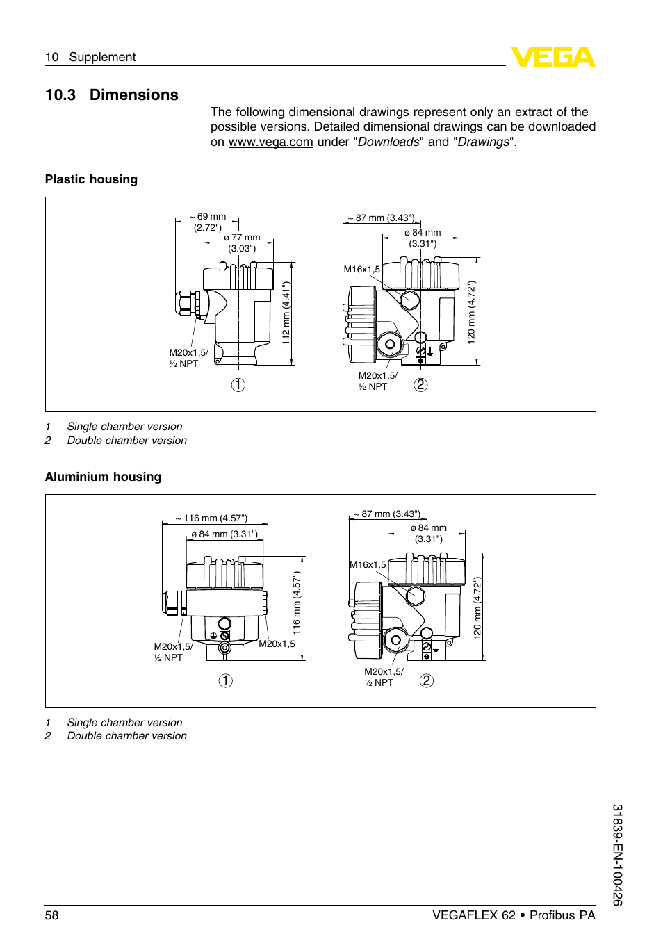 3 dimensions | VEGA VEGAFLEX 62 Profibus PA User Manual | Page 58 / 64