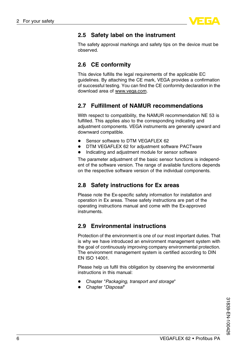 5 safety label on the instrument, 6 ce conformity, 7 fulfillment of namur recommendations | 8 safety instructions for ex areas, 9 environmental instructions, 7 fulﬁllment of namur recommendations | VEGA VEGAFLEX 62 Profibus PA User Manual | Page 6 / 64