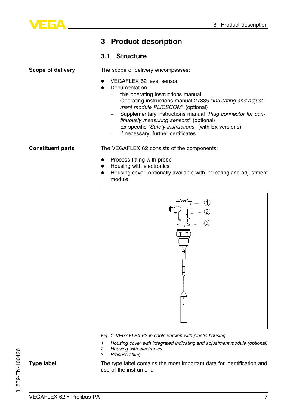 3 product description, 1 structure | VEGA VEGAFLEX 62 Profibus PA User Manual | Page 7 / 64