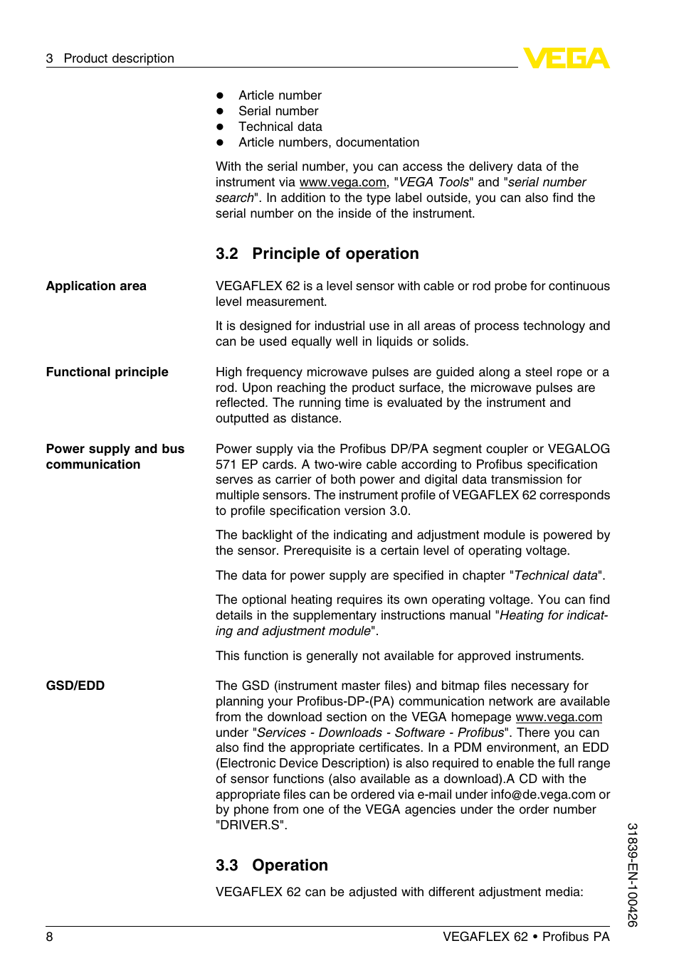 2 principle of operation, 3 operation | VEGA VEGAFLEX 62 Profibus PA User Manual | Page 8 / 64