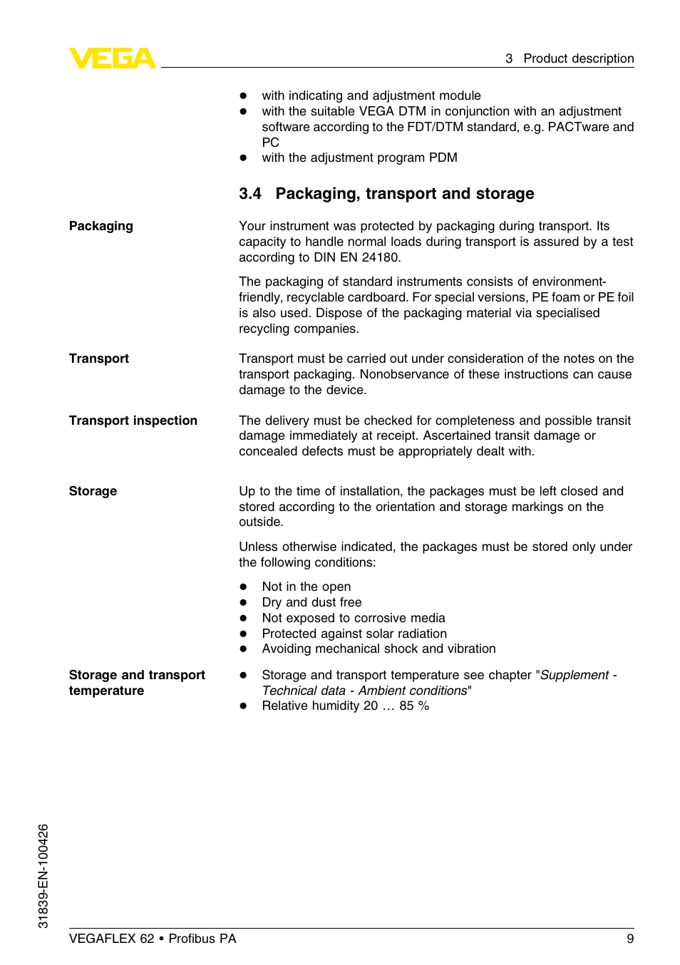 4 packaging, transport and storage | VEGA VEGAFLEX 62 Profibus PA User Manual | Page 9 / 64