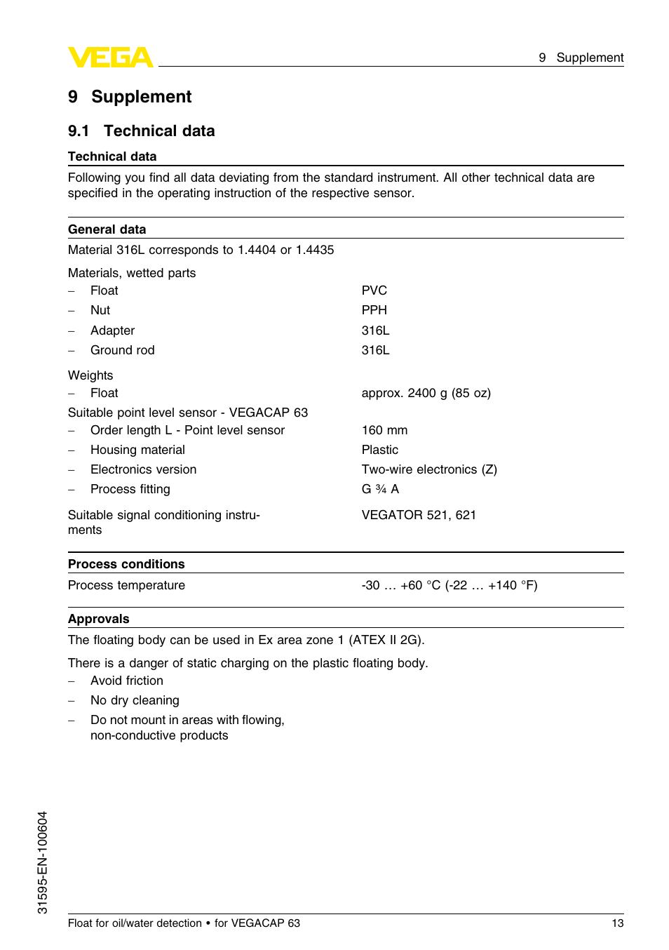 9 supplement, 1 technical data, 9supplement | VEGA Float for oil_water detection for for VEGACAP 63 User Manual | Page 13 / 16