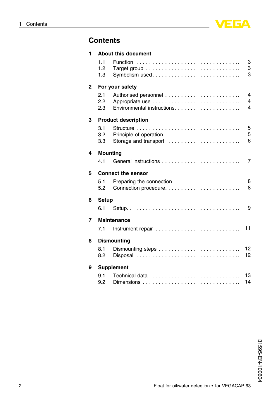 VEGA Float for oil_water detection for for VEGACAP 63 User Manual | Page 2 / 16