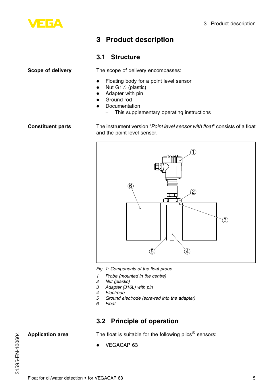 3 product description, 1 structure, 2 principle of operation | 3product description | VEGA Float for oil_water detection for for VEGACAP 63 User Manual | Page 5 / 16