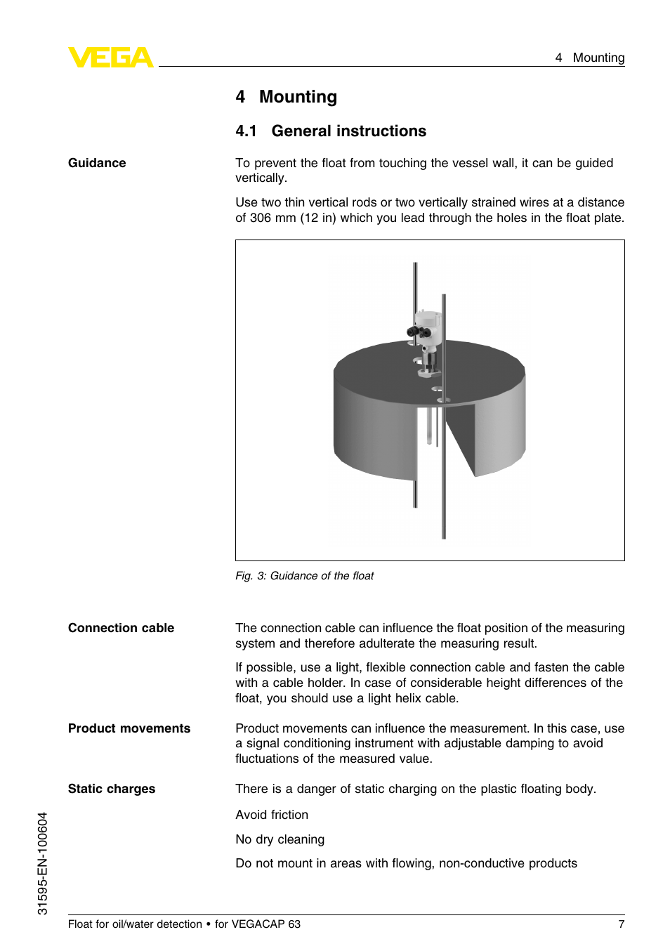 4 mounting, 1 general instructions, 4mounting | VEGA Float for oil_water detection for for VEGACAP 63 User Manual | Page 7 / 16