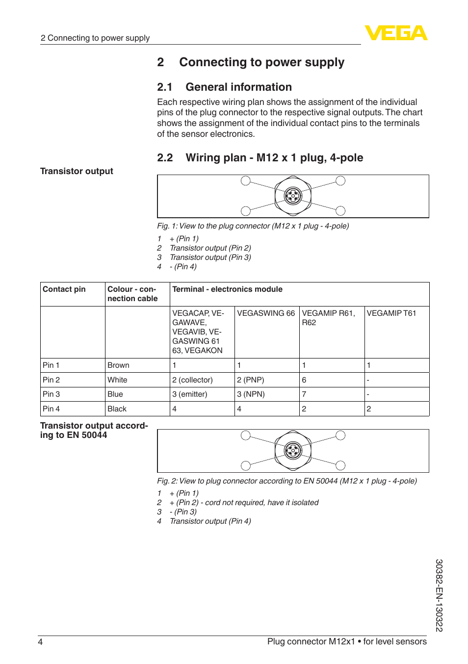 2 connecting to power supply, 1 general information | VEGA Plug connector M12x1 for level sensors User Manual | Page 4 / 8