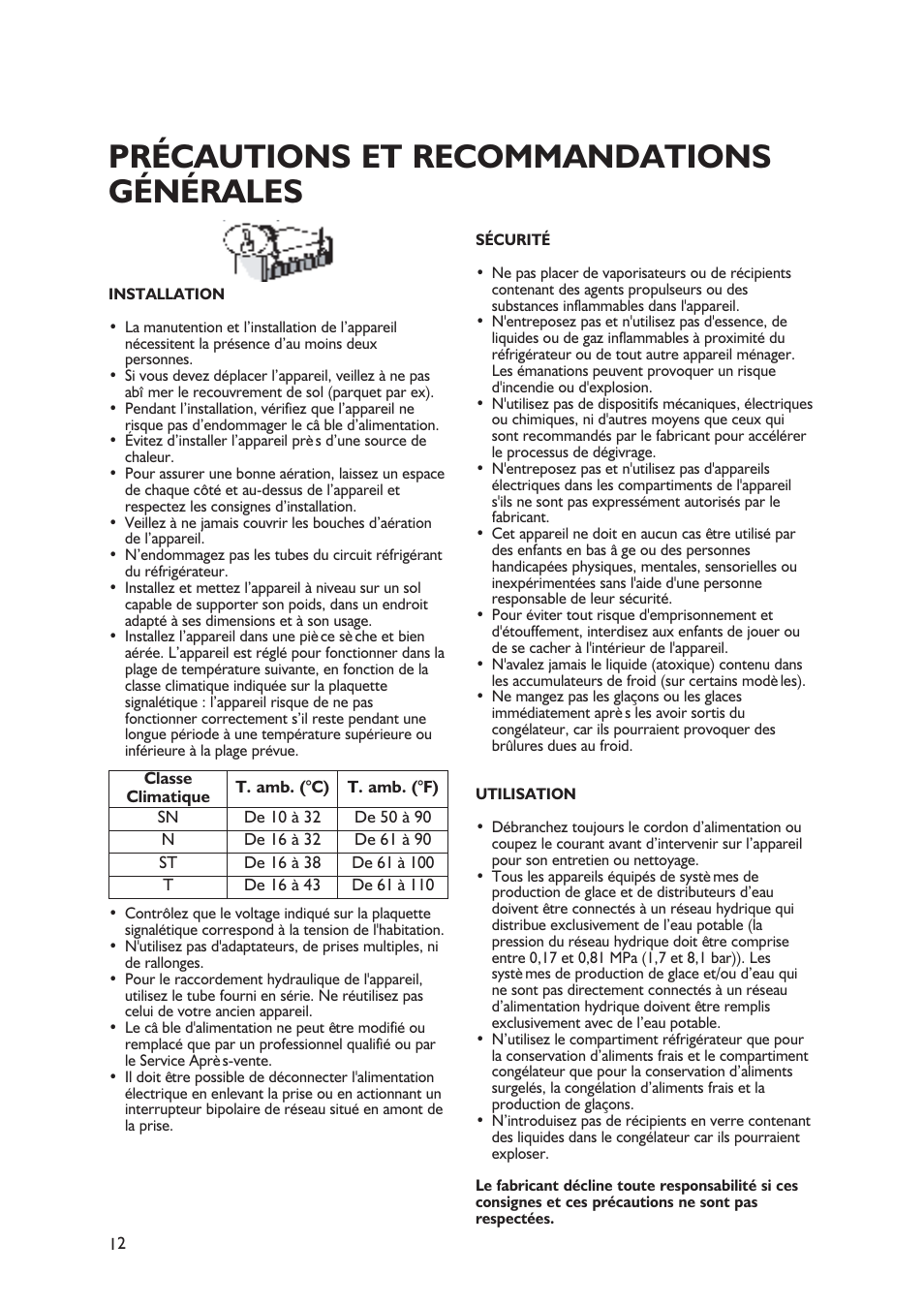 Précautions et recommandations générales | Whirlpool ARG 340 /A-LH User Manual | Page 12 / 20