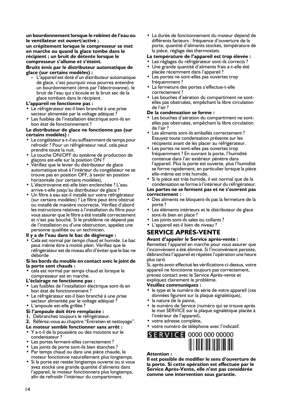 Service après-vente | Whirlpool ARG 340 /A-LH User Manual | Page 14 / 20