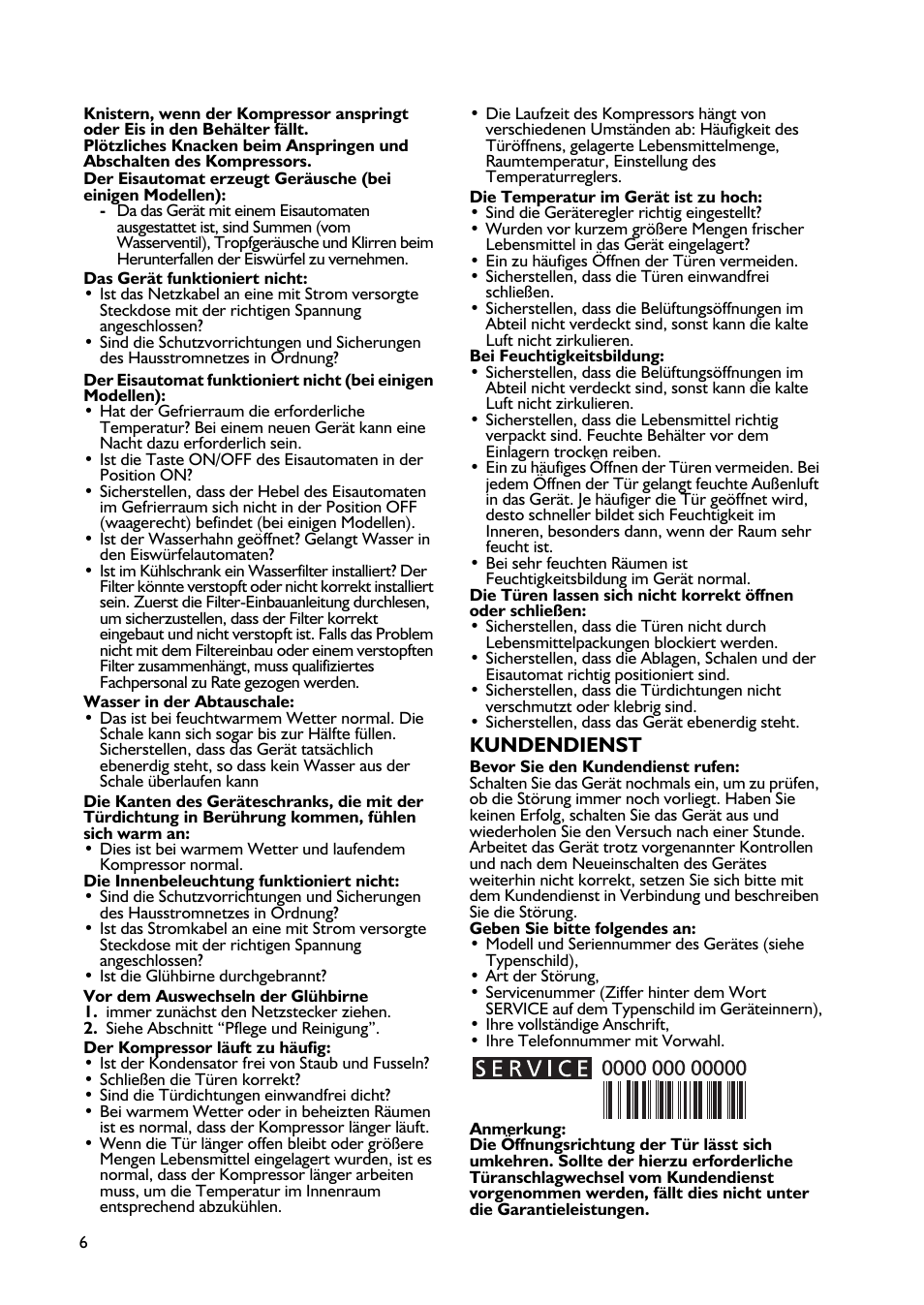 Kundendienst | Whirlpool ARG 340 /A-LH User Manual | Page 6 / 20