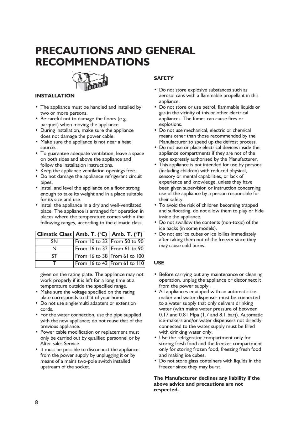 Precautions and general recommendations | Whirlpool ARG 340 /A-LH User Manual | Page 8 / 20