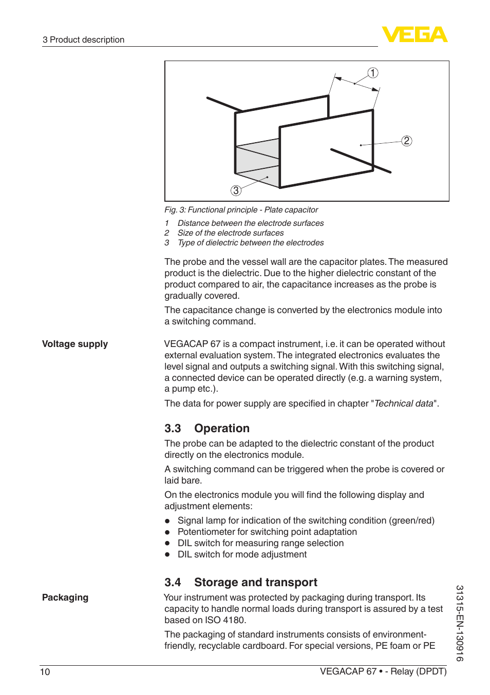 3 operation, 4 storage and transport | VEGA VEGACAP 67 - Relay (DPDT) User Manual | Page 10 / 36