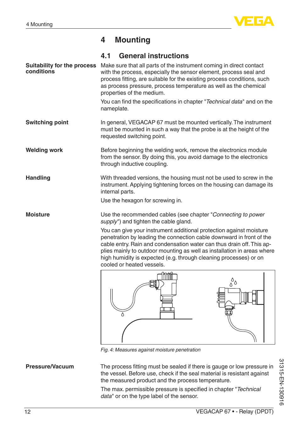 4 mounting, 1 general instructions | VEGA VEGACAP 67 - Relay (DPDT) User Manual | Page 12 / 36
