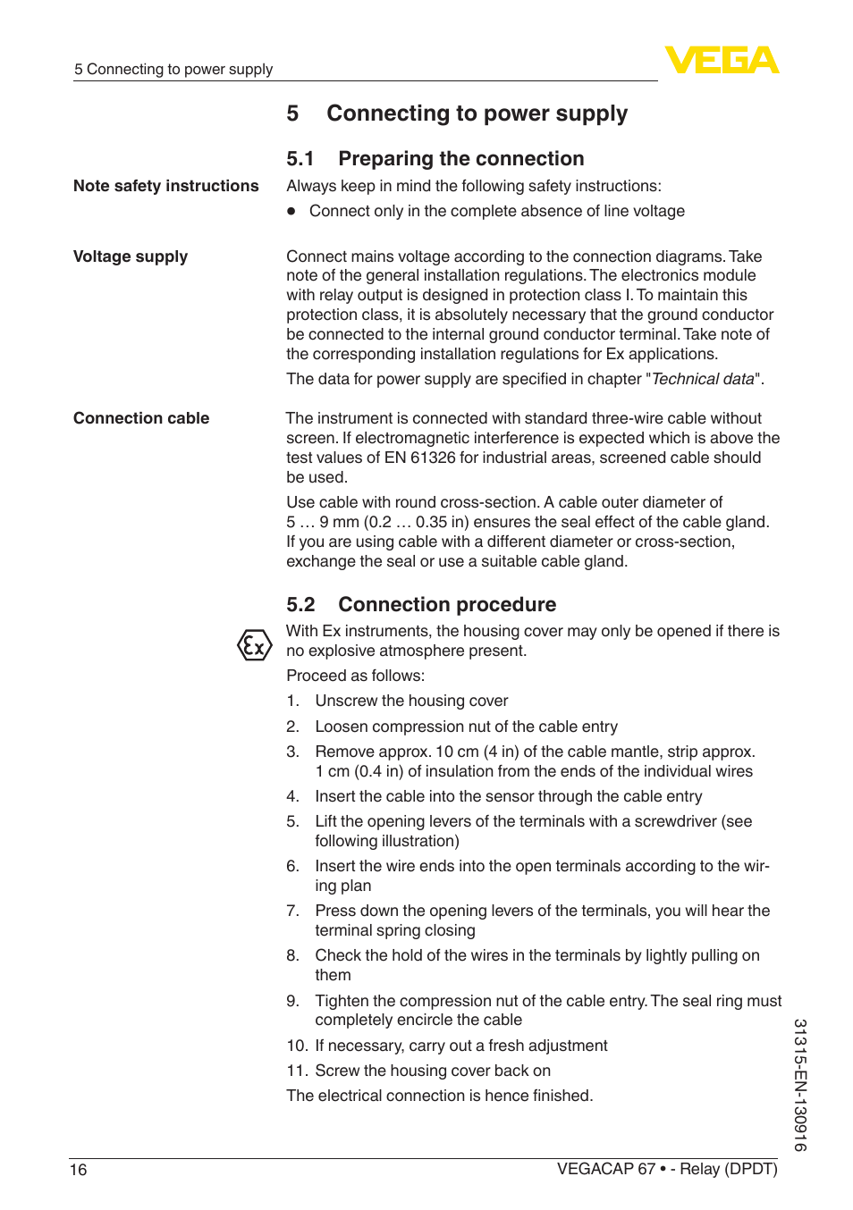 5 connecting to power supply, 1 preparing the connection, 2 connection procedure | VEGA VEGACAP 67 - Relay (DPDT) User Manual | Page 16 / 36