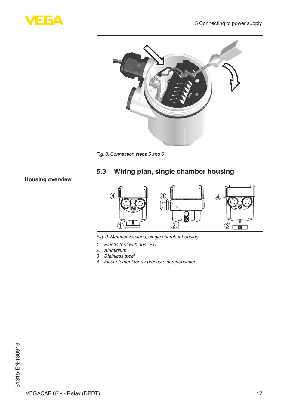3 wiring plan, single chamber housing | VEGA VEGACAP 67 - Relay (DPDT) User Manual | Page 17 / 36