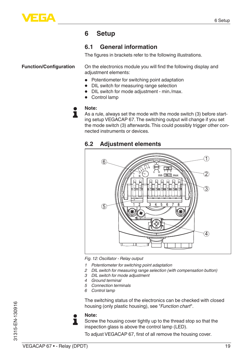 6 setup, 1 general information, 2 adjustment elements | VEGA VEGACAP 67 - Relay (DPDT) User Manual | Page 19 / 36