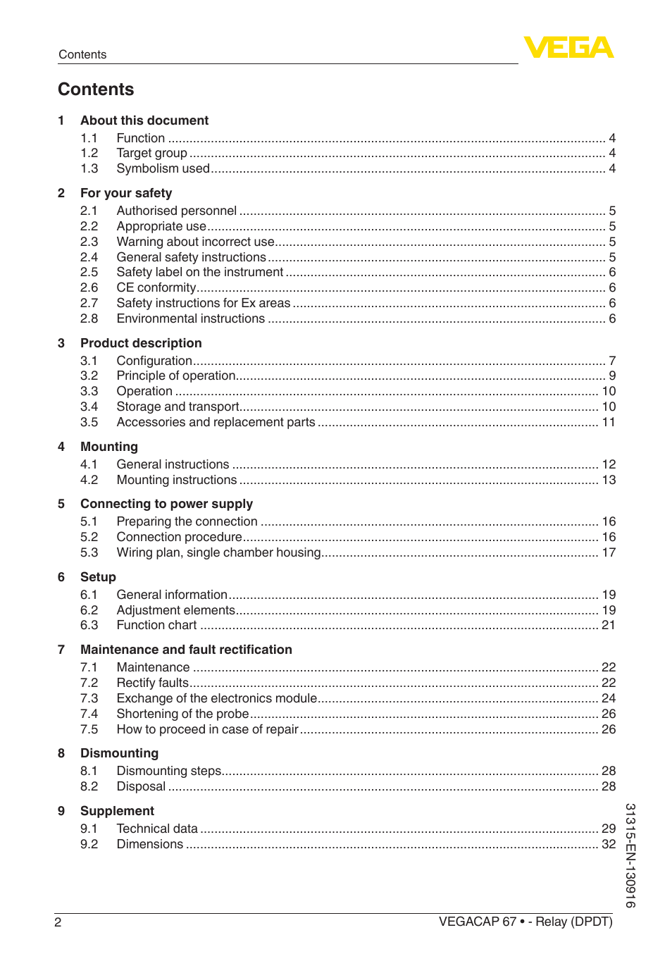 VEGA VEGACAP 67 - Relay (DPDT) User Manual | Page 2 / 36