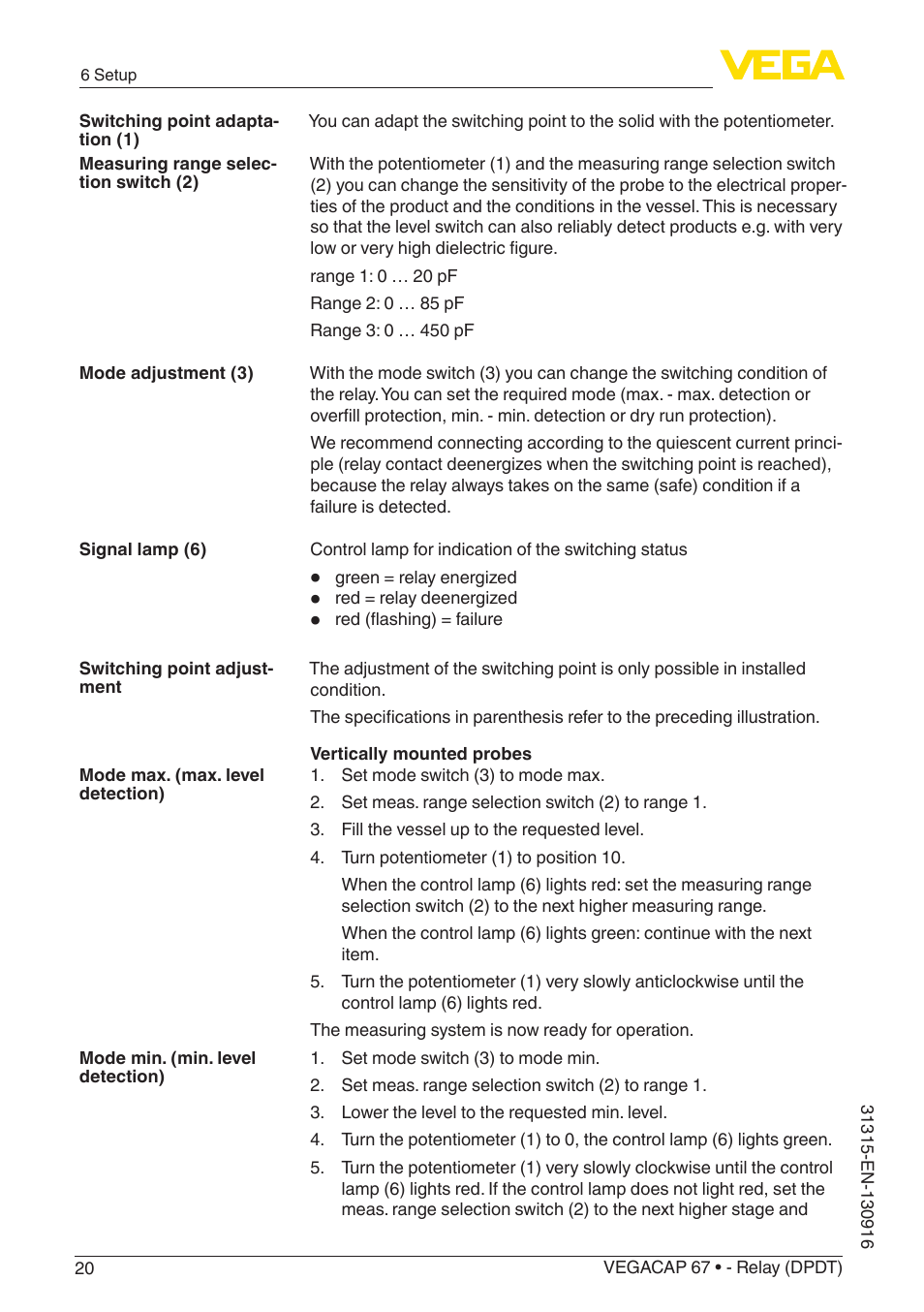 VEGA VEGACAP 67 - Relay (DPDT) User Manual | Page 20 / 36