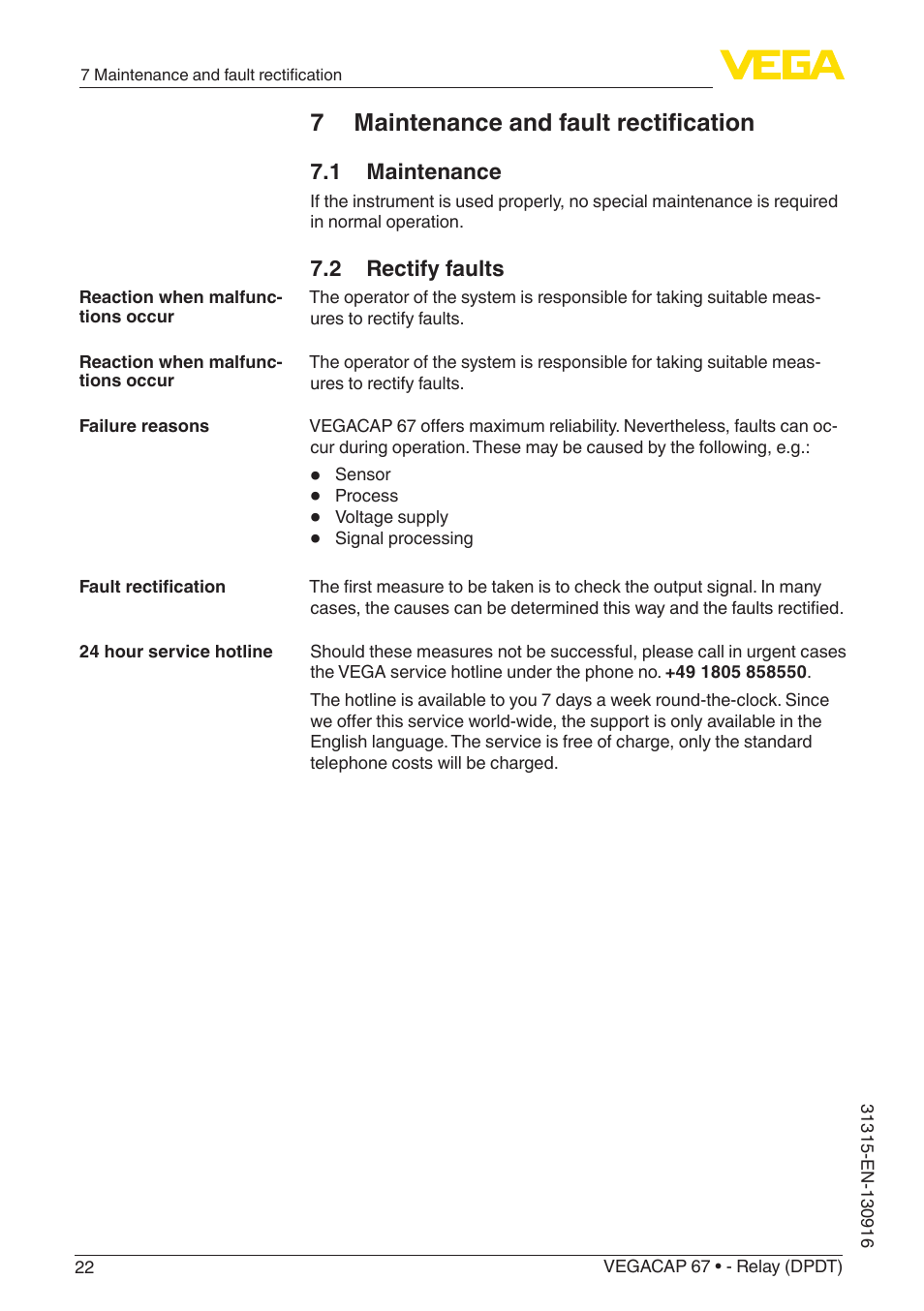 7 maintenance and fault rectification, 1 maintenance, 2 rectify faults | VEGA VEGACAP 67 - Relay (DPDT) User Manual | Page 22 / 36