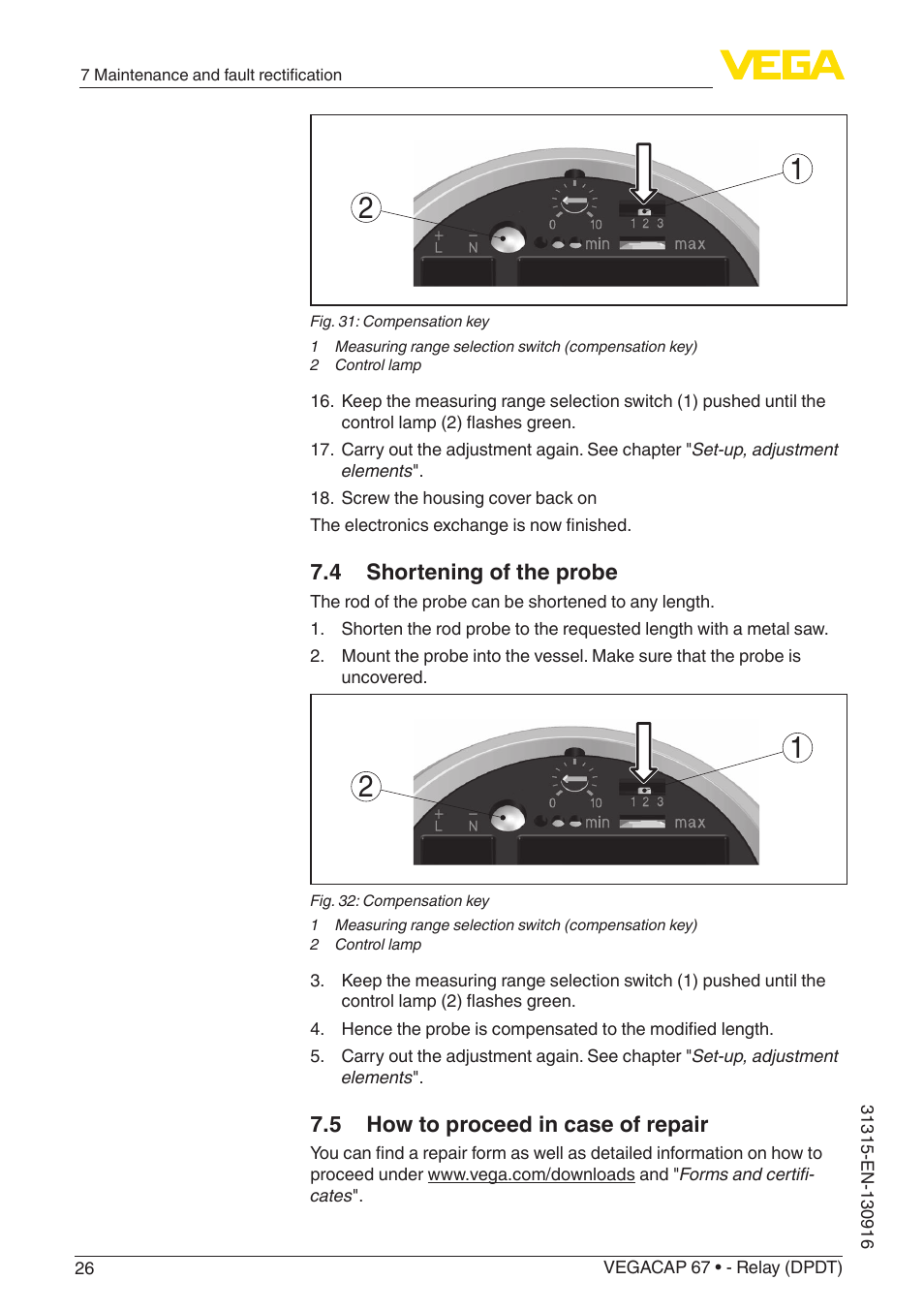 4 shortening of the probe, 5 how to proceed in case of repair | VEGA VEGACAP 67 - Relay (DPDT) User Manual | Page 26 / 36