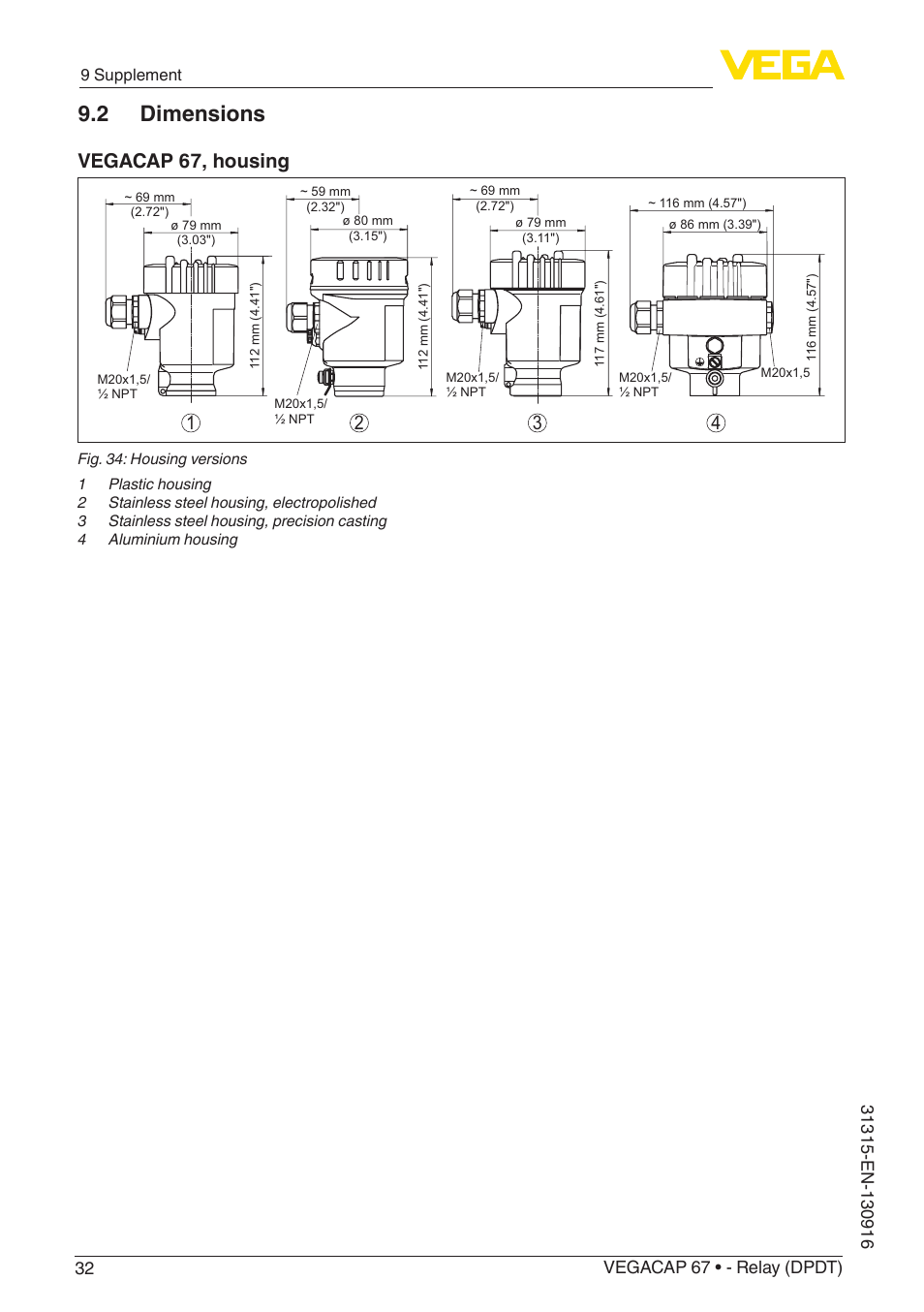 2 dimensions, Vegacap 67, housing | VEGA VEGACAP 67 - Relay (DPDT) User Manual | Page 32 / 36