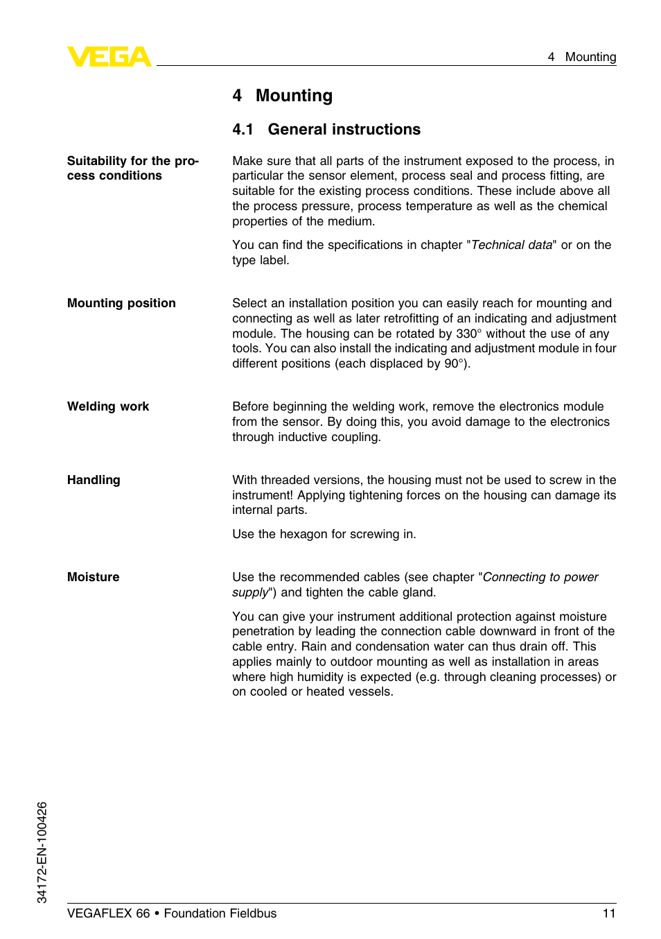 4 mounting, 1 general instructions, 4mounting | VEGA VEGAFLEX 66 (-20…+250°C) Foundation Fieldbus User Manual | Page 11 / 64