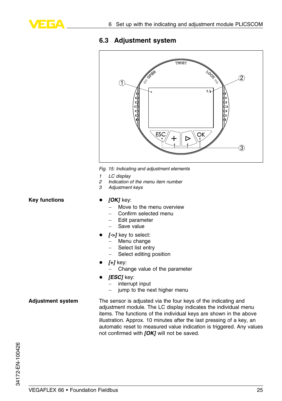 3 adjustment system | VEGA VEGAFLEX 66 (-20…+250°C) Foundation Fieldbus User Manual | Page 25 / 64