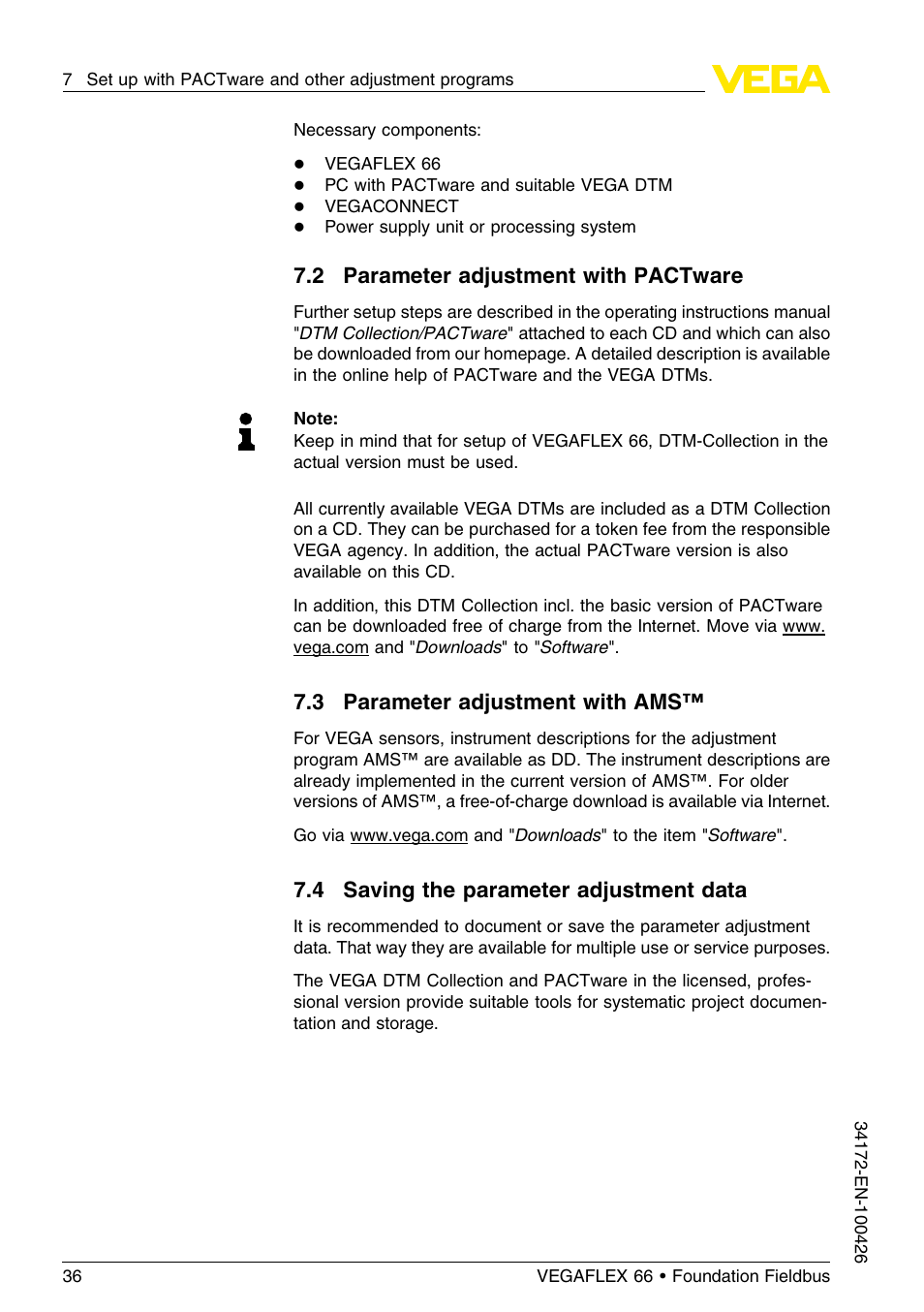 2 parameter adjustment with pactware, 3 parameter adjustment with ams, 4 saving the parameter adjustment data | VEGA VEGAFLEX 66 (-20…+250°C) Foundation Fieldbus User Manual | Page 36 / 64