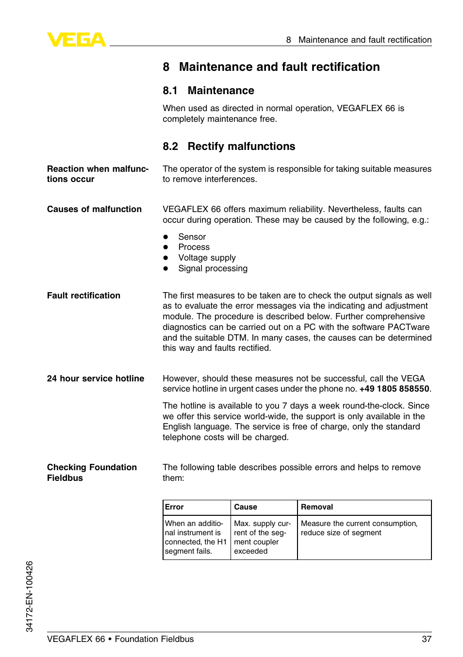8 maintenance and fault rectification, 1 maintenance, 2 rectify malfunctions | 8maintenance and fault rectiﬁcation | VEGA VEGAFLEX 66 (-20…+250°C) Foundation Fieldbus User Manual | Page 37 / 64
