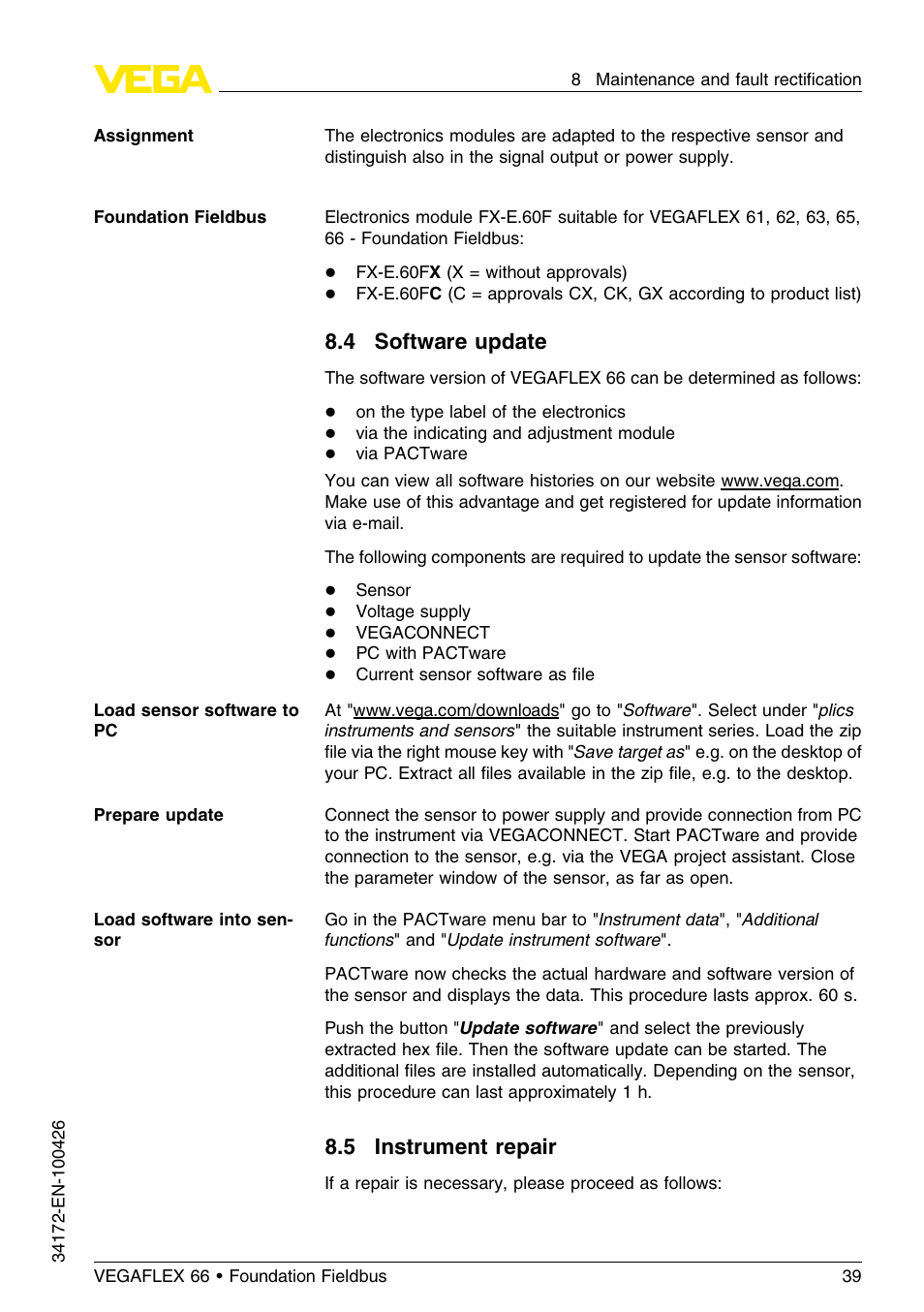 4 software update, 5 instrument repair | VEGA VEGAFLEX 66 (-20…+250°C) Foundation Fieldbus User Manual | Page 39 / 64