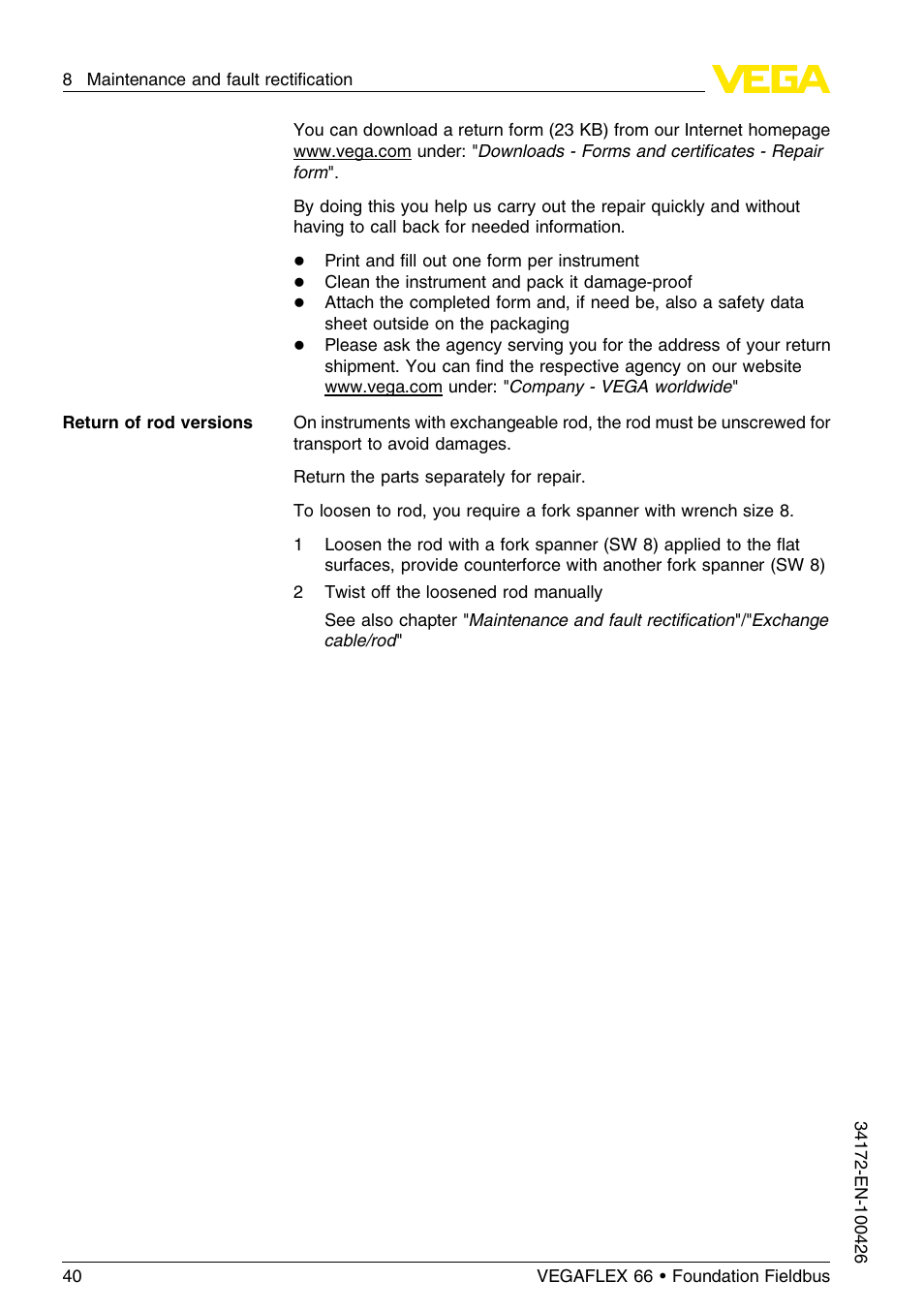 VEGA VEGAFLEX 66 (-20…+250°C) Foundation Fieldbus User Manual | Page 40 / 64