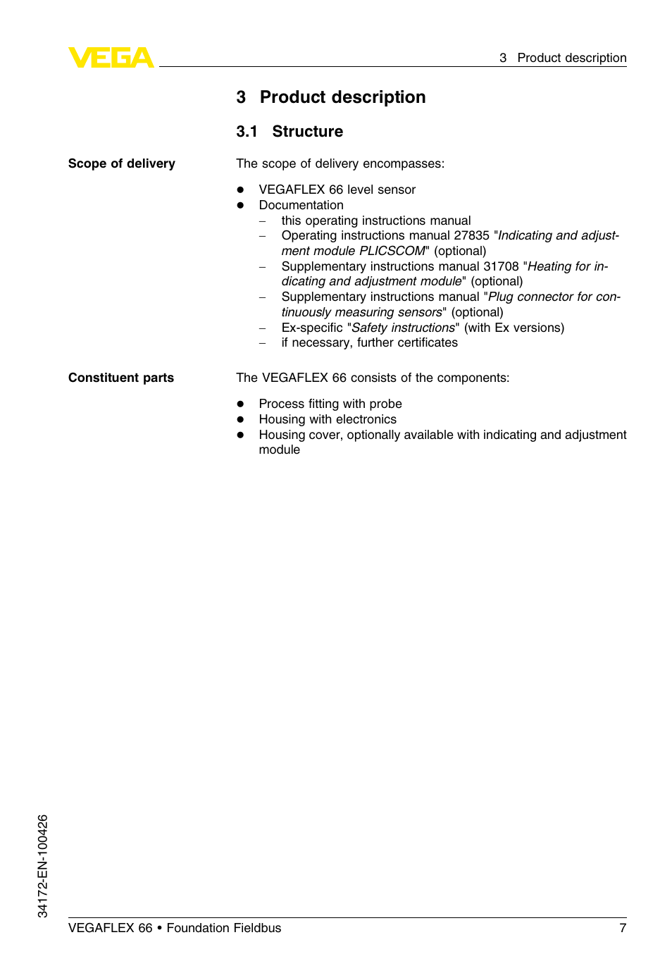 3 product description, 1 structure, 3product description | VEGA VEGAFLEX 66 (-20…+250°C) Foundation Fieldbus User Manual | Page 7 / 64