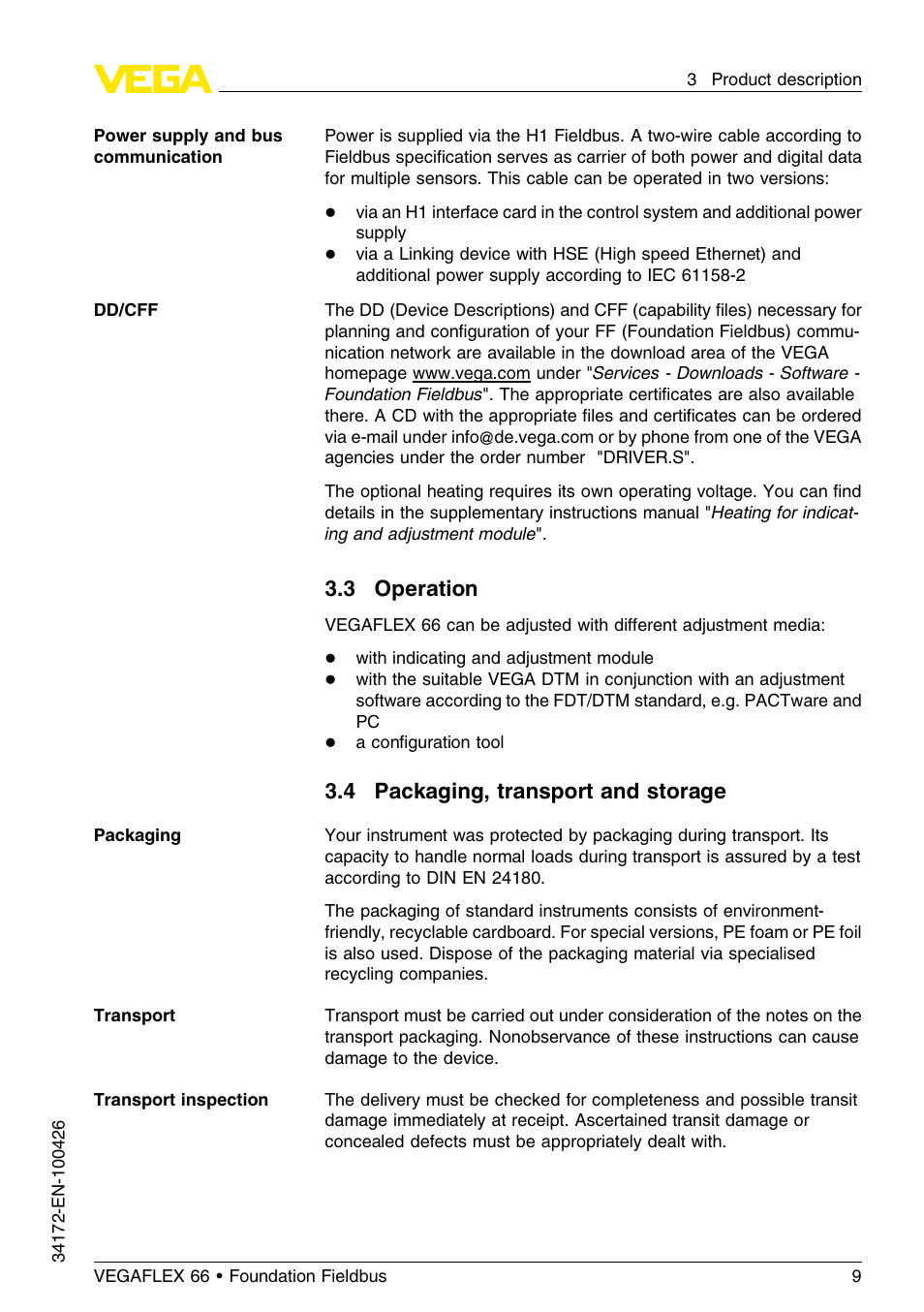 3 operation, 4 packaging, transport and storage | VEGA VEGAFLEX 66 (-20…+250°C) Foundation Fieldbus User Manual | Page 9 / 64