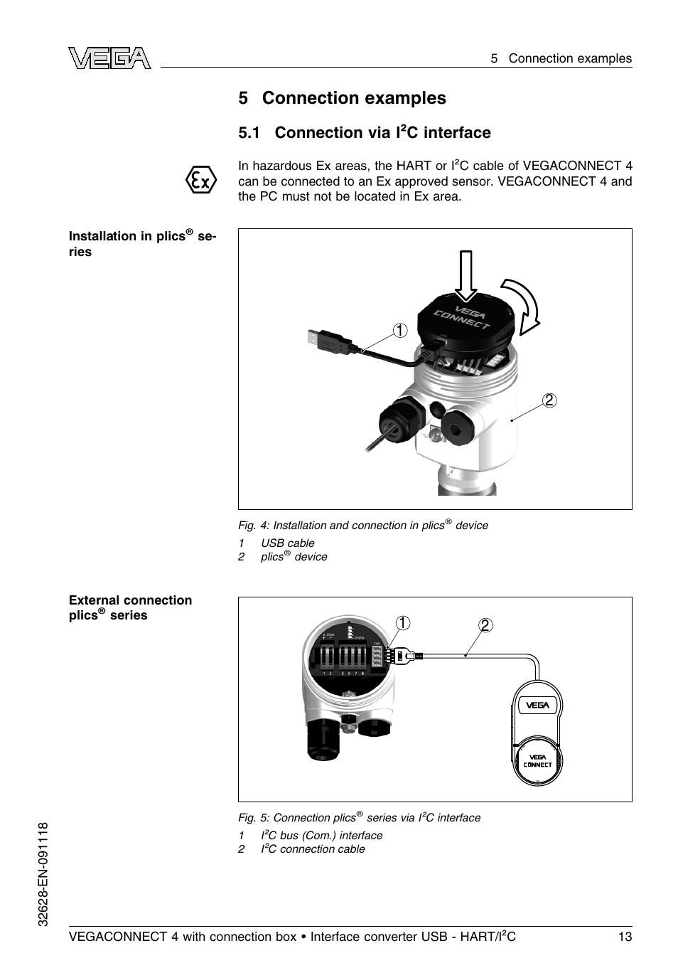 5 connection examples, 1 connection via i²c interface | VEGA VEGACONNECT 4 User Manual | Page 13 / 24
